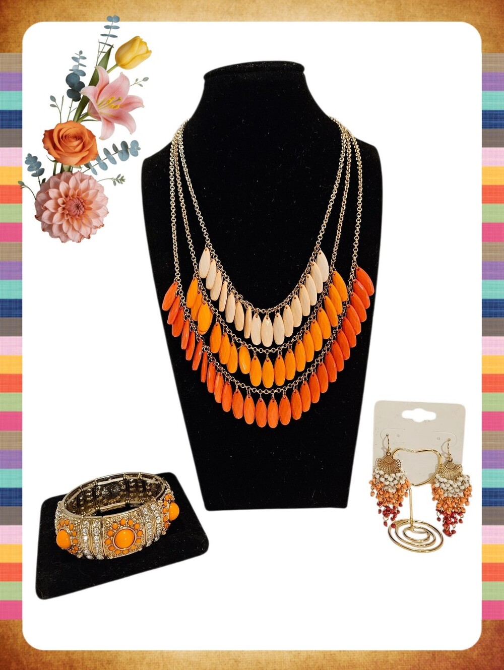 Multi-layered Gold Tone Statement Necklace Set In Shades Of Orange Beads